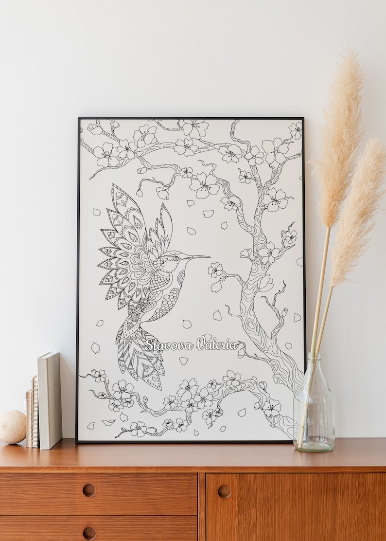 Hummingbird and Sakura Coloring Page, framed coloring page example, Printable Coloring Page Hummingbird Flowers, Сoloring page for adults, teens, and kids, Instant Download hummingbirds coloring page, An instant PDF/JPG download