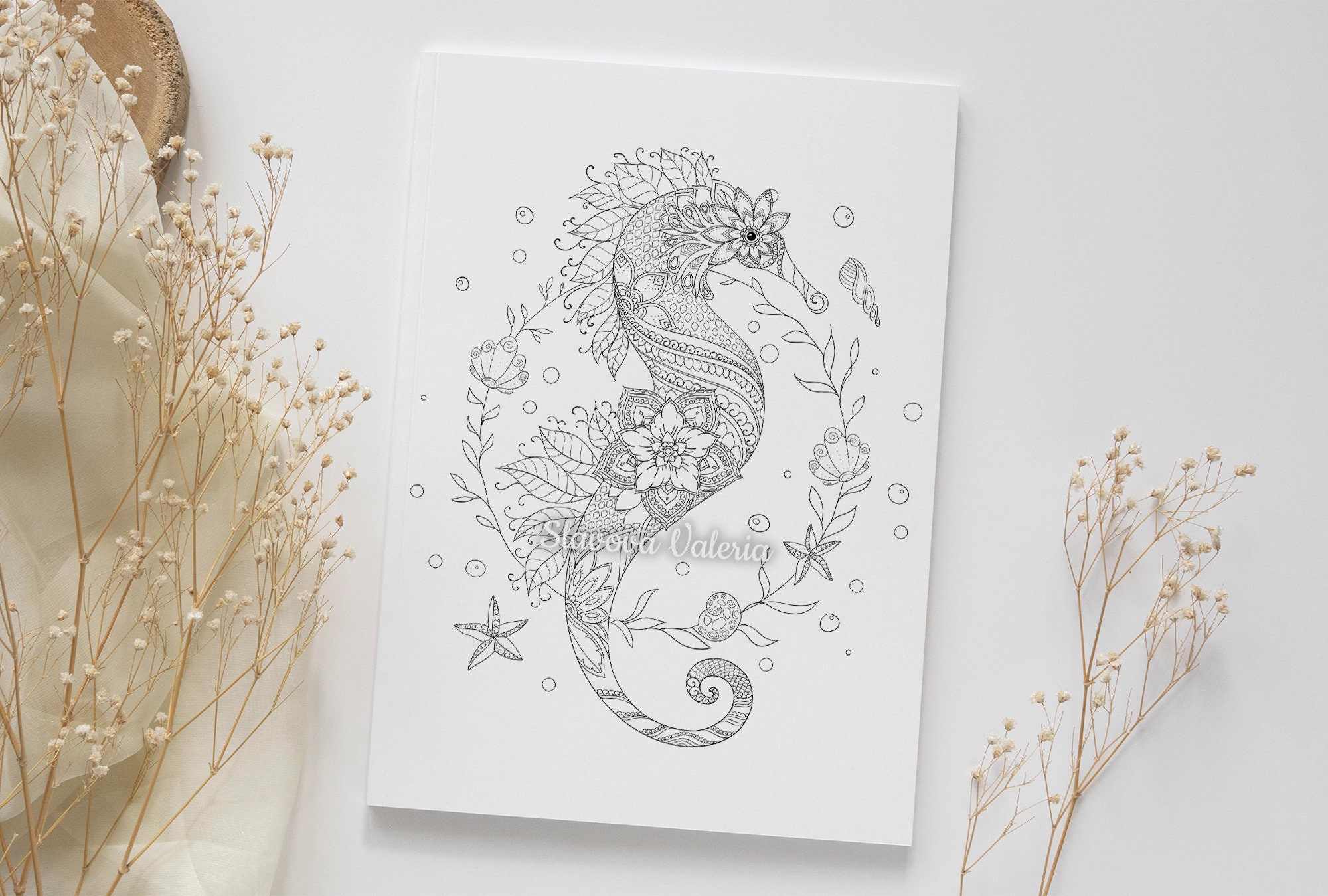 Printable Sea Horse Coloring Page, Adult Coloring Book Pages by Valeria