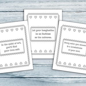 May include: Three white art prints with inspirational quotes in a decorative frame. The quotes include "In the quiet of art, you'll find your true self," "Let your imagination be as limitless as the universe," and "Every color you choose is a brushstroke of your soul."