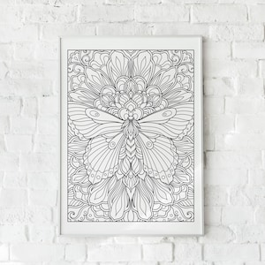 May include: A black and white line drawing of a butterfly with intricate details. The butterfly is surrounded by a floral design.