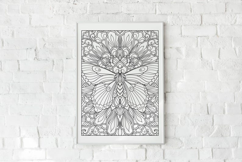May include: A black and white line drawing of a butterfly with intricate details. The butterfly is surrounded by a floral design.