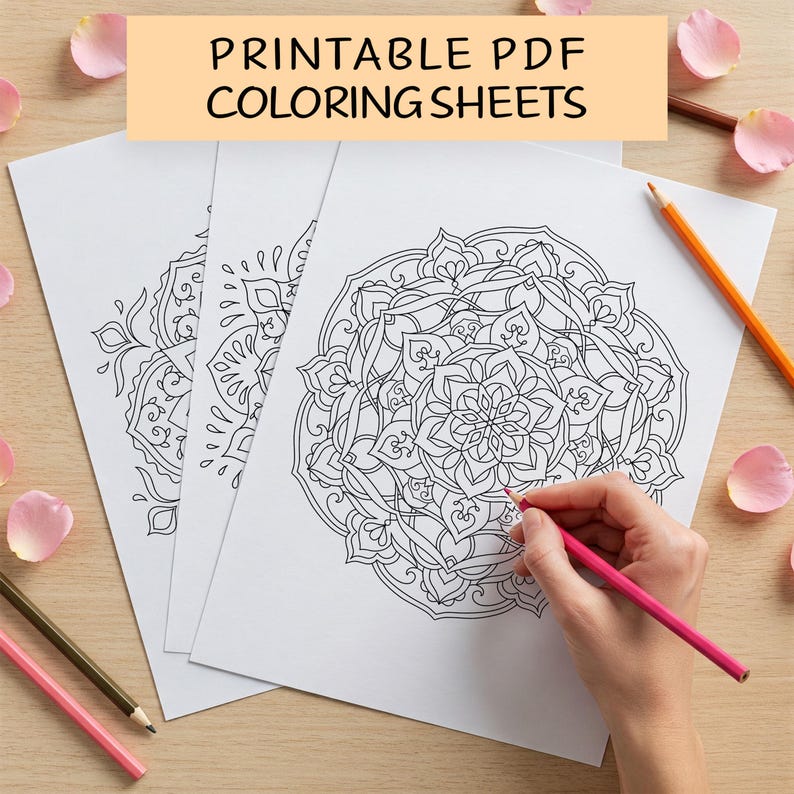 May include: Three printable mandala colouring sheets with intricate designs. The sheets are white with black ink and are laid out on a wooden surface. A hand is holding a pink pencil and colouring one of the mandalas.