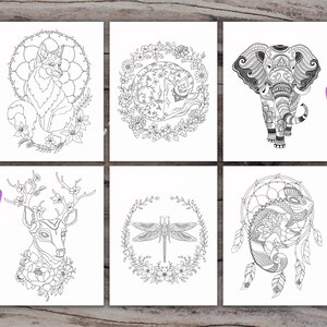 K&ouml;nnte beinhalten: Sechs Schwarzwei&szlig;-Malvorlagen mit filigranen Designs eines Fuchses, eines Cham&auml;leons, einer Libelle, eines Hirsches, eines Elefanten und einer Blume. Jedes Design ist von einem Blumengirlanden oder einem Traumf&auml;nger umgeben.