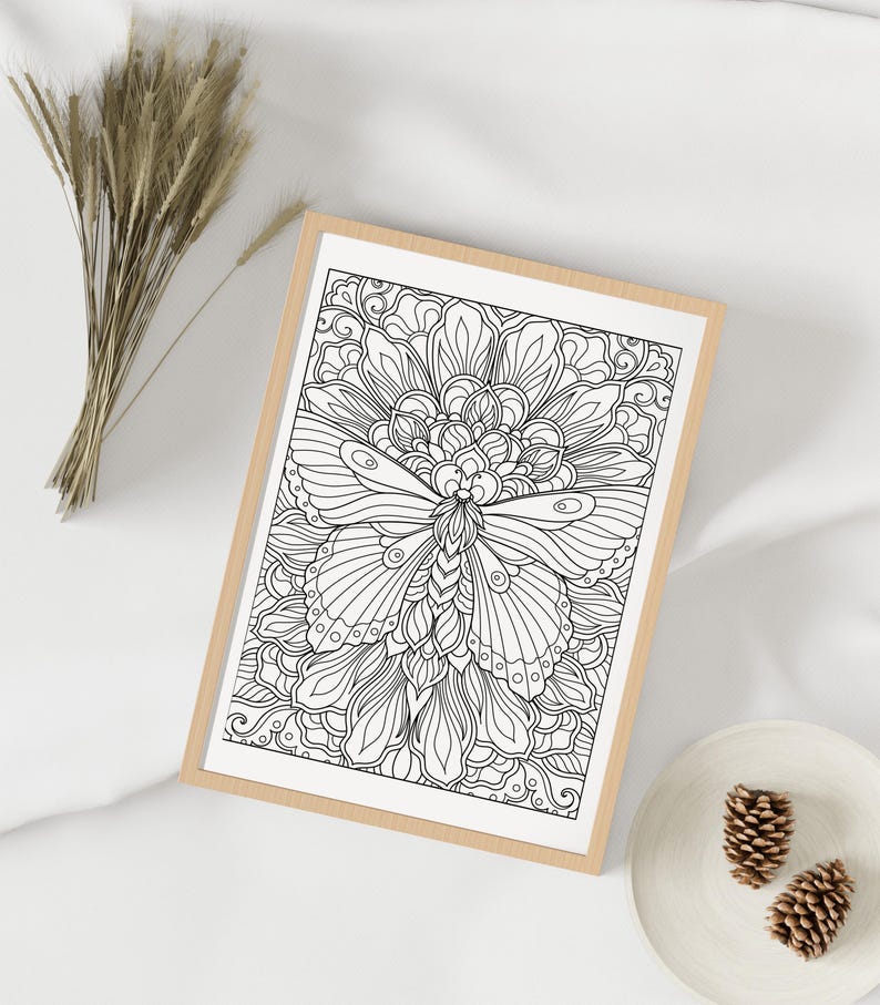 May include: A black and white line drawing of a butterfly with intricate details. The butterfly is surrounded by a floral design with swirling patterns.