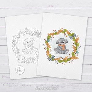 May include: A printable coloring page featuring a cute gray bunny wearing a scarf, sitting inside a wreath of autumn leaves and berries. The bunny is surrounded by a wreath of leaves and berries, with a few small ornaments hanging from the wreath. The image is in black and white, with the option to color it in.