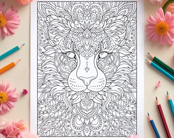 Mandala Lion Coloring Page: Intricate Floral Design (PDF/JPG Download)