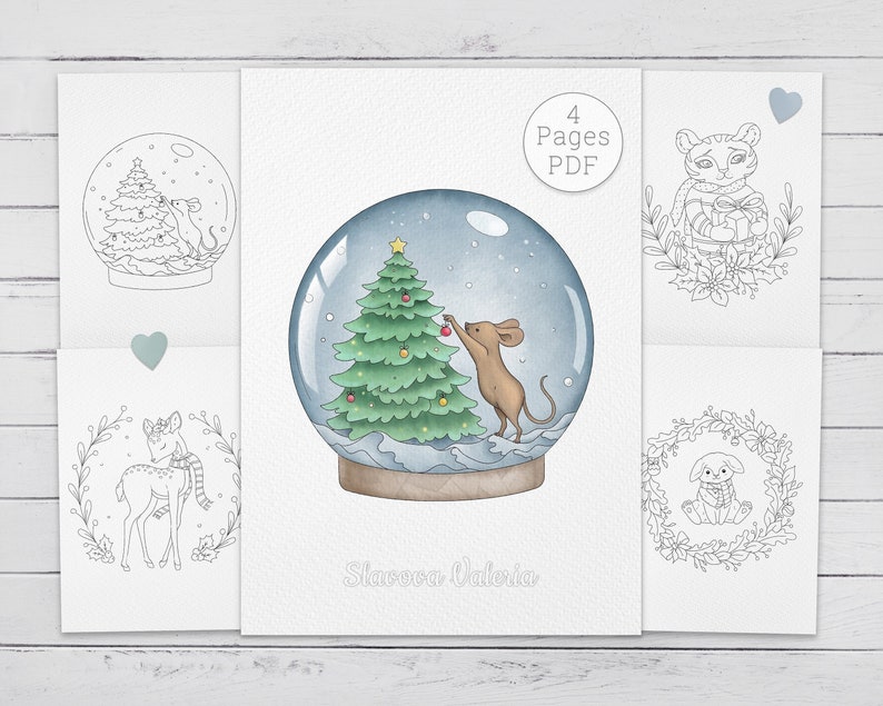 May include: A printable coloring page set with four pages featuring a snow globe with a mouse decorating a Christmas tree, a deer with a scarf, a tiger holding a gift, and a bunny in a wreath. The set is titled "4 Pages PDF".