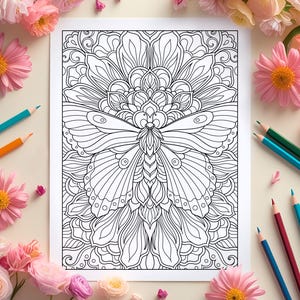 May include: A black and white colouring page featuring a detailed illustration of a butterfly with intricate wings surrounded by a floral design.