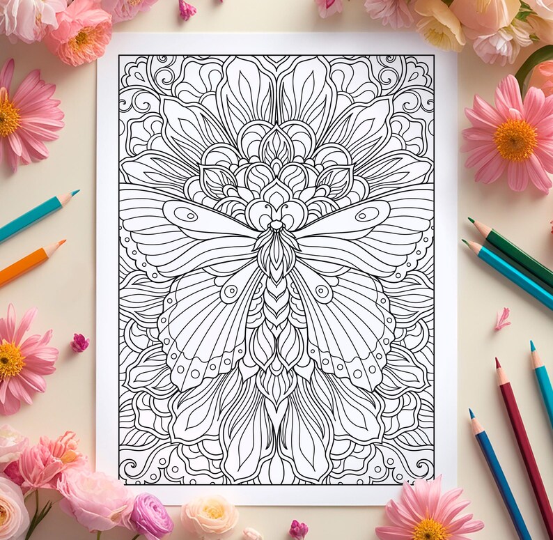 May include: A black and white colouring page featuring a detailed illustration of a butterfly with intricate wings surrounded by a floral design.