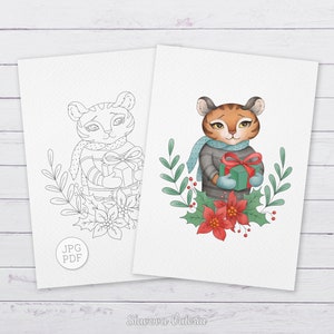 May include: A black and white line art illustration of a tiger wearing a scarf and holding a gift box. The tiger is surrounded by holly and poinsettia.
