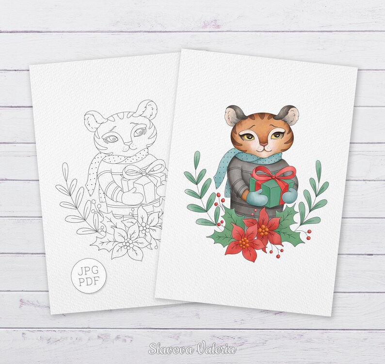 May include: A black and white line art illustration of a tiger wearing a scarf and holding a gift box. The tiger is surrounded by holly and poinsettia.