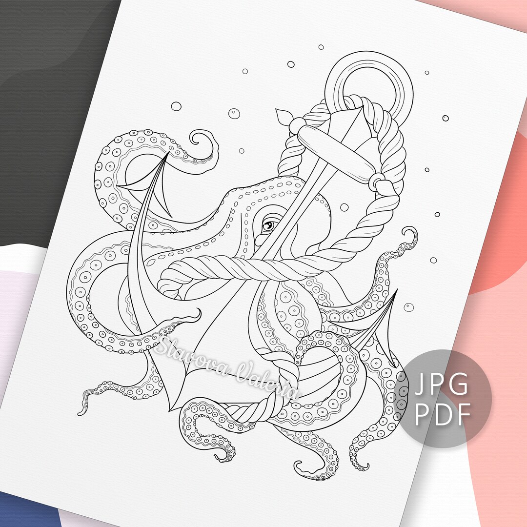 Octopus and Anchor Coloring Page, Ocean Theme Coloring Page, Kids ...