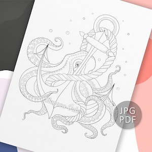 Octopus and Anchor Coloring Page, Ocean Theme Coloring Page, Kids Crafts, Adult Crafts Instant Download PDF