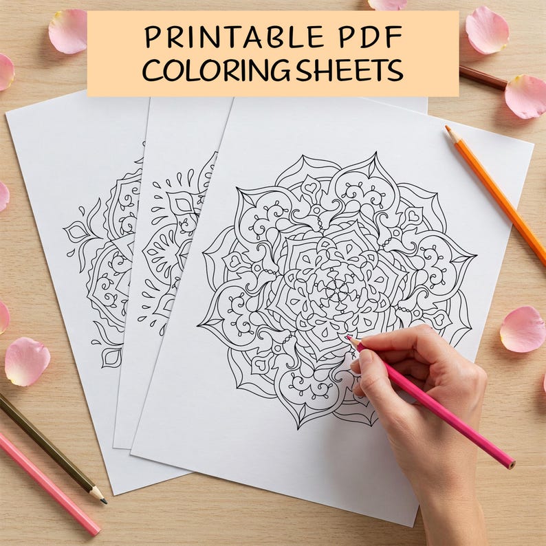 May include: Three printable colouring sheets featuring intricate mandala designs. The sheets are white with black ink and are laid out on a wooden surface.