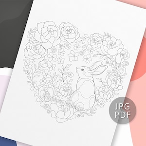 Rabbit in flowers, Digital Stamps, Adult Coloring Book Pages by Valeria Slavova