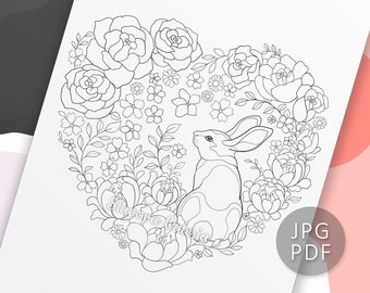 Conejo en flores, Sellos digitales, Páginas de libros para colorear para adultos de Valeria Slavova