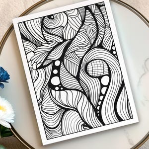 May include: Black and white abstract art print featuring intricate line work and organic shapes. The design includes swirling patterns, leaf-like forms, and dotted accents. The artwork is displayed on a white background.
