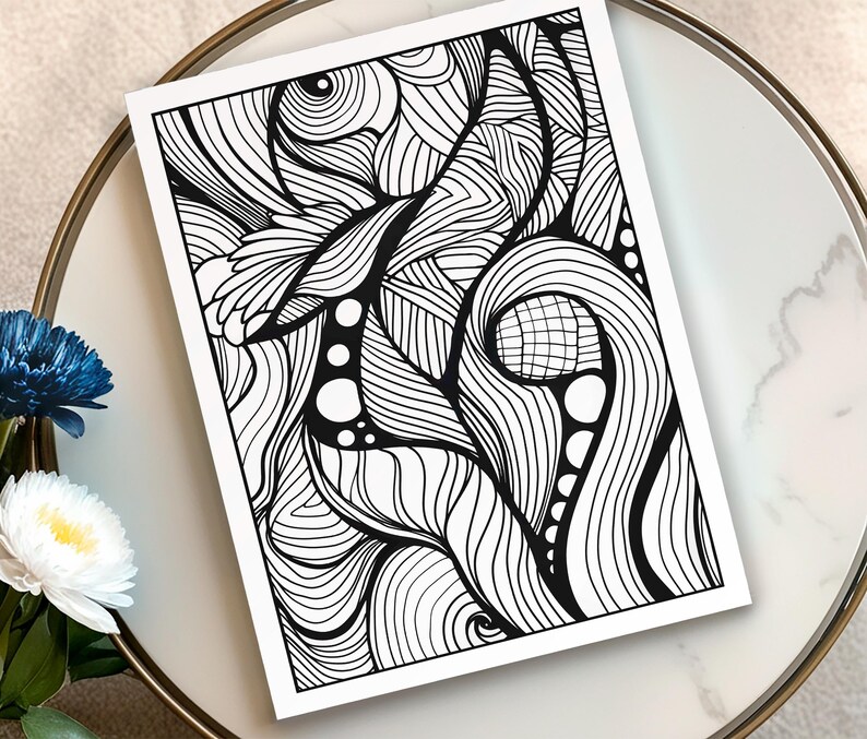 May include: Black and white abstract art print featuring intricate line work and organic shapes. The design includes swirling patterns, leaf-like forms, and dotted accents. The artwork is displayed on a white background.