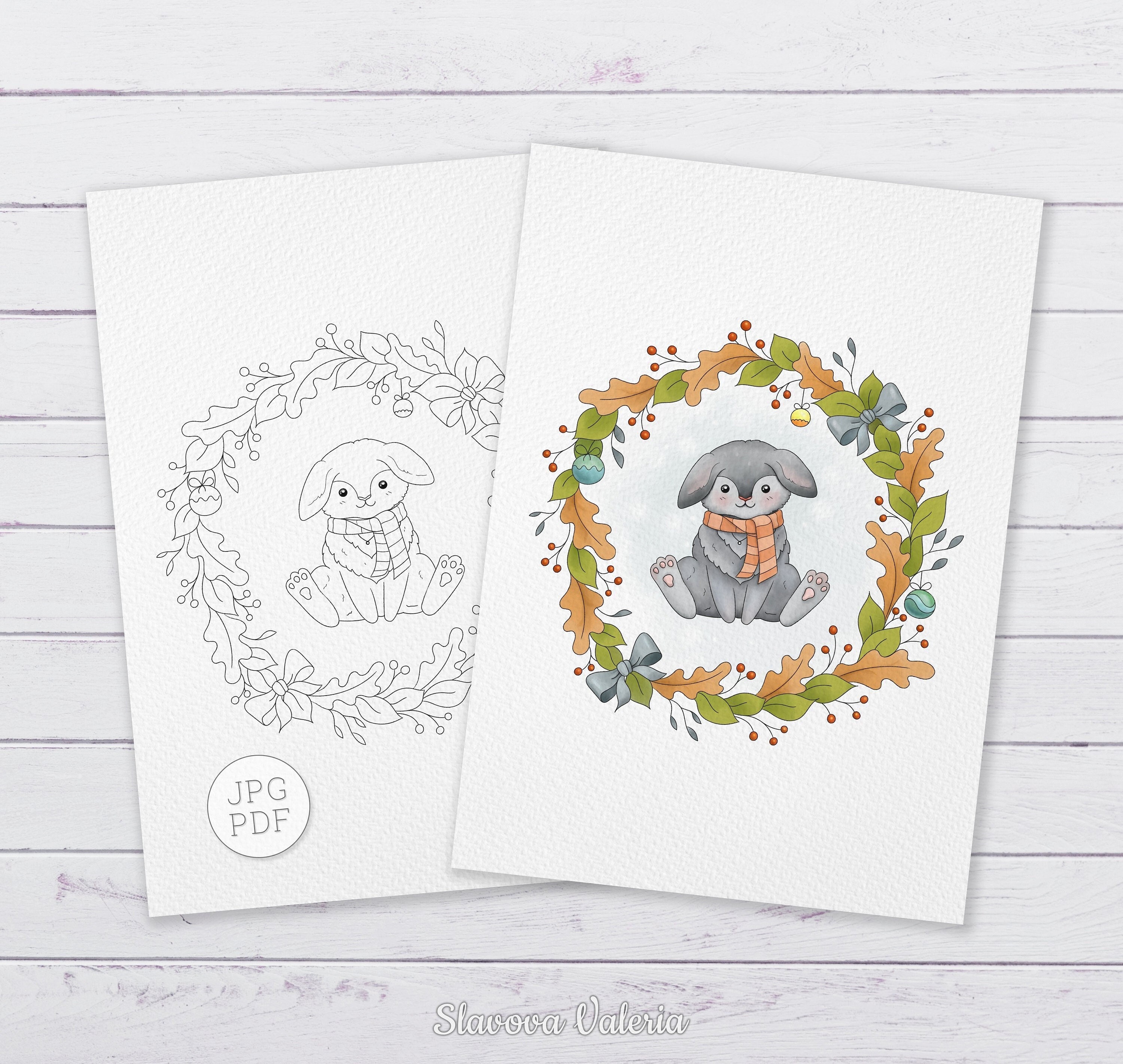 Christmas coloring pages for kids printable, Cute Rabbit in a Christmas Wreath, Digital printable holiday coloring sheets JPEG, PDF