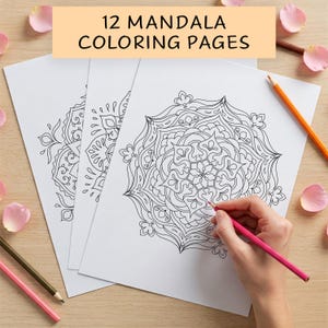 May include: Three black and white mandala colouring pages with intricate designs. A hand is colouring one of the mandalas with a pink pencil.