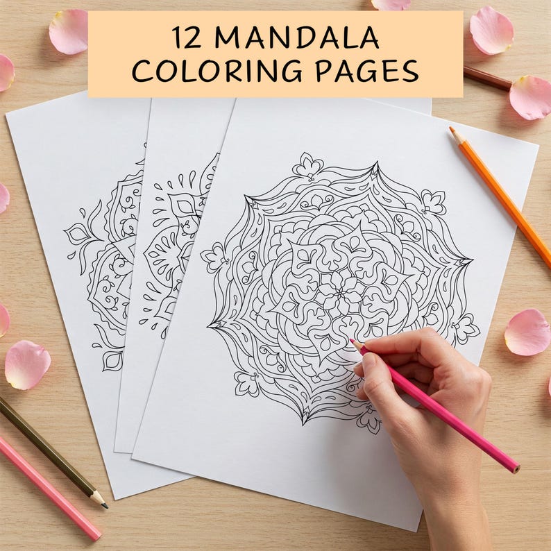 May include: Three black and white mandala colouring pages with intricate designs. A hand is colouring one of the mandalas with a pink pencil.