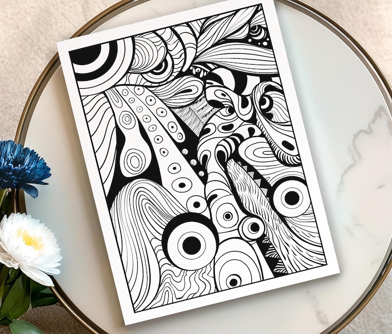 May include: Black and white abstract art print featuring a complex design of swirling lines, circles, and organic shapes. The artwork is displayed on a white background, creating a striking contrast. The print is suitable for home decor.
