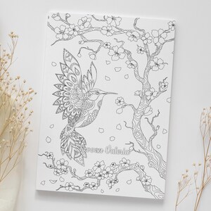 Hummingbird and Sakura Coloring Page, Printable Coloring Page Hummingbird Flowers, Сoloring page for adults, teens, and kids, Instant Download hummingbirds coloring page, the perfect gift for your friends, An instant PDF/JPG download