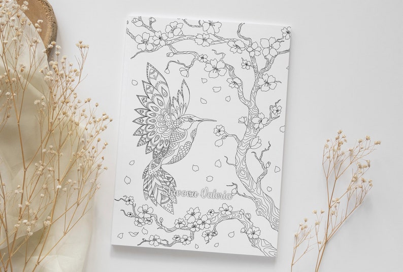 Hummingbird and Sakura Coloring Page, Printable Coloring Page Hummingbird Flowers, Сoloring page for adults, teens, and kids, Instant Download hummingbirds coloring page, the perfect gift for your friends, An instant PDF/JPG download
