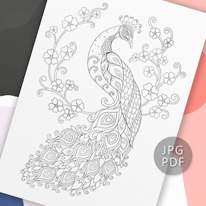 Peacock Coloring Page: Floral Design (PDF/JPG Download)