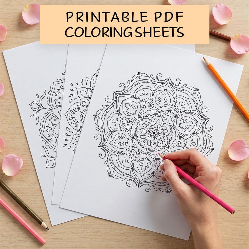 May include: Three printable colouring sheets featuring intricate mandala designs. The sheets are white with black ink and are laid out on a wooden surface. A hand is holding a pink pencil and colouring one of the mandalas.