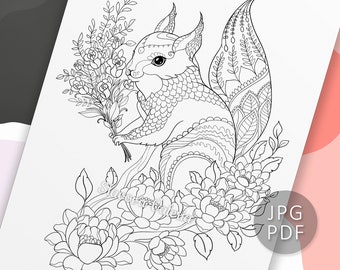 Squirrel with wildflowers, Printable Coloring Page, Adult Coloring Book Pages by Valeria Slavova