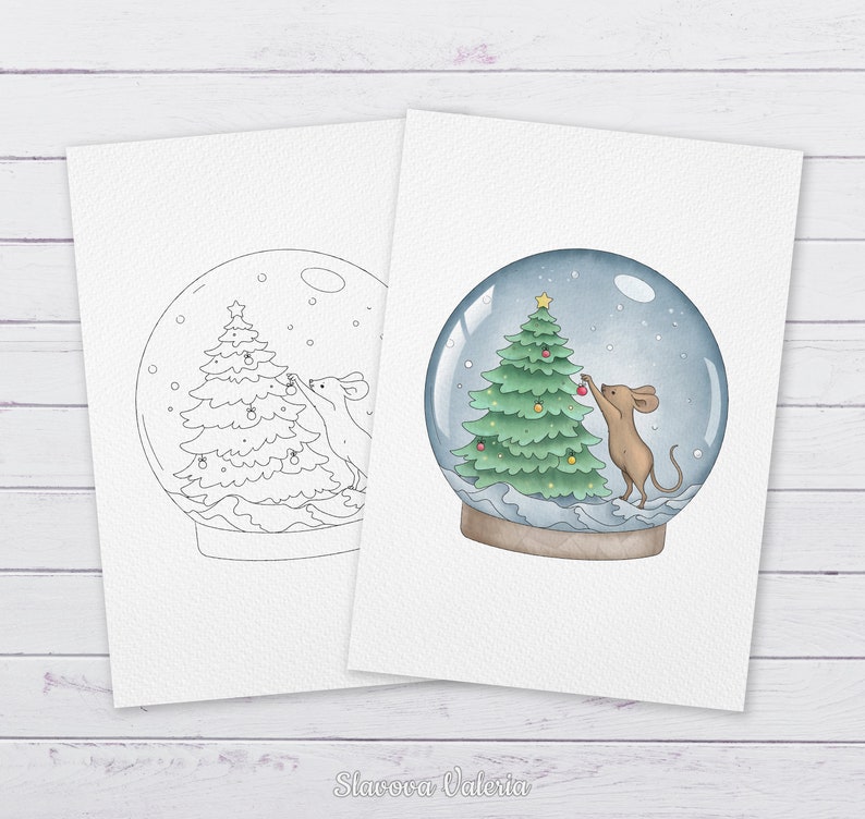 May include: A printable coloring page and a colored illustration of a snow globe with a mouse decorating a Christmas tree inside. The snow globe is on a white background.
