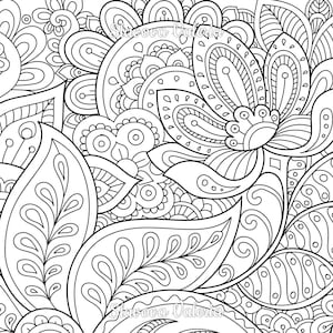 May include: Black and white intricate line art illustration of a floral design with paisley patterns. The artwork features a large flower with multiple petals and leaves. The artist's signature, "Stavova Valeria", is visible at the bottom of the image.