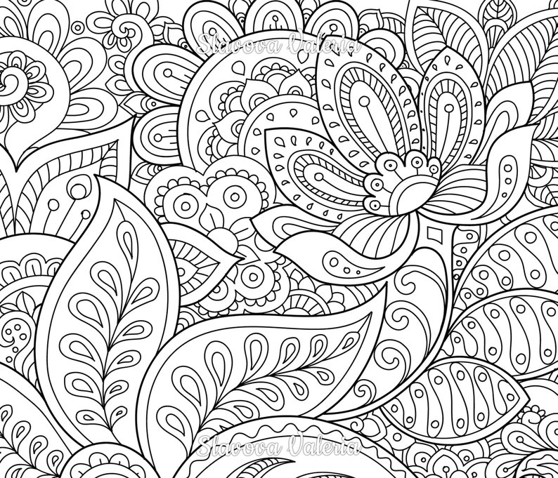 May include: Black and white intricate line art illustration of a floral design with paisley patterns. The artwork features a large flower with multiple petals and leaves. The artist's signature, "Stavova Valeria", is visible at the bottom of the image.