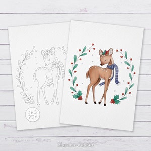 May include: A printable coloring page featuring a cute deer wearing a blue scarf and a wreath of holly and berries. The deer is standing in a wreath of green leaves and red berries. The image is in black and white and includes the words "JPG PDF".