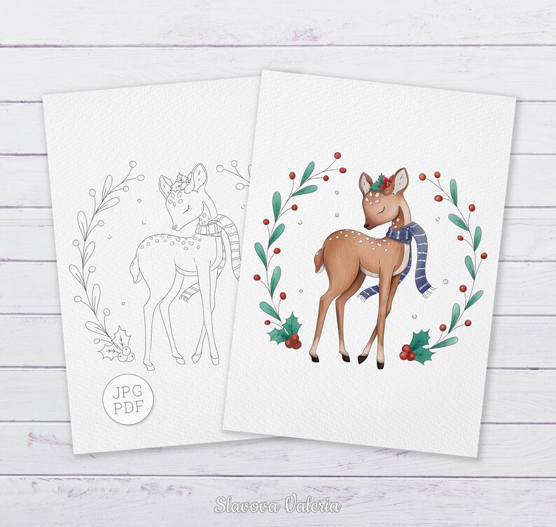 May include: A printable coloring page featuring a cute deer wearing a blue scarf and a wreath of holly and berries. The deer is standing in a wreath of green leaves and red berries. The image is in black and white and includes the words "JPG PDF".