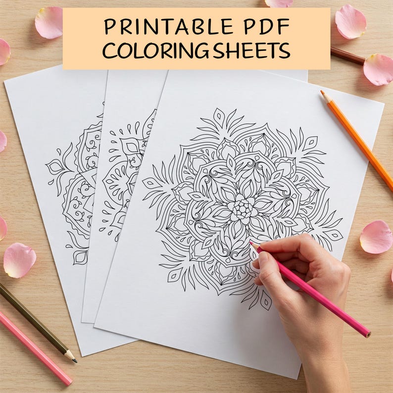May include: Three printable colouring sheets featuring intricate mandala designs. The sheets are white with black outlines and are stacked on a wooden surface. A hand is holding a pink pencil and colouring one of the mandalas.
