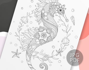 Printable Sea Horse Coloring Page, Adult Coloring Book Pages by Valeria Slavova