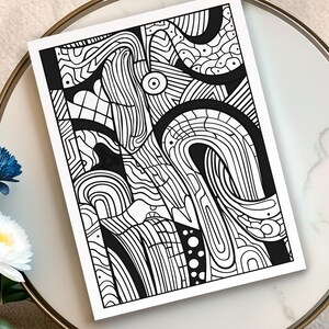 May include: Black and white abstract art print featuring a complex design of curved lines, shapes, and patterns. The artwork is displayed on a white background, creating a striking contrast. The print is a modern piece of wall decor.