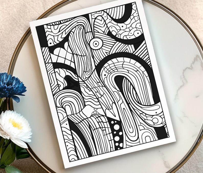 May include: Black and white abstract art print featuring a complex design of curved lines, shapes, and patterns. The artwork is displayed on a white background, creating a striking contrast. The print is a modern piece of wall decor.