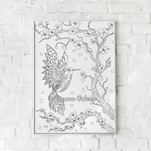 Hummingbird and Sakura Coloring Page, Printable Coloring Page on wall, Hummingbird Flowers, Сoloring page for adults, teens, and kids, Instant Download hummingbirds coloring page, the perfect gift for your friends, An instant PDF/JPG download