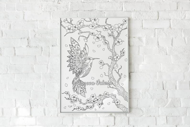 Hummingbird and Sakura Coloring Page, Printable Coloring Page on wall, Hummingbird Flowers, Сoloring page for adults, teens, and kids, Instant Download hummingbirds coloring page, the perfect gift for your friends, An instant PDF/JPG download