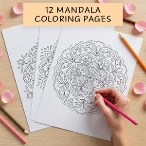 May include: A set of 12 printable mandala colouring pages. The pages are blank and feature intricate designs. A hand is shown colouring one of the mandalas with a pink pencil.