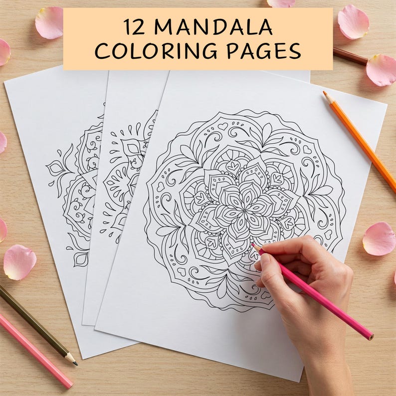 May include: A set of 12 printable mandala colouring pages. The pages are blank and feature intricate designs. A hand is shown colouring one of the mandalas with a pink pencil.