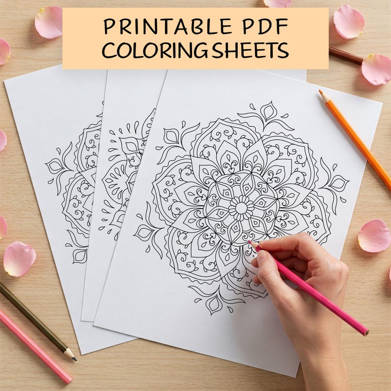 May include: Three printable colouring sheets featuring intricate mandala designs. The sheets are white with black outlines and are ready to be coloured in.