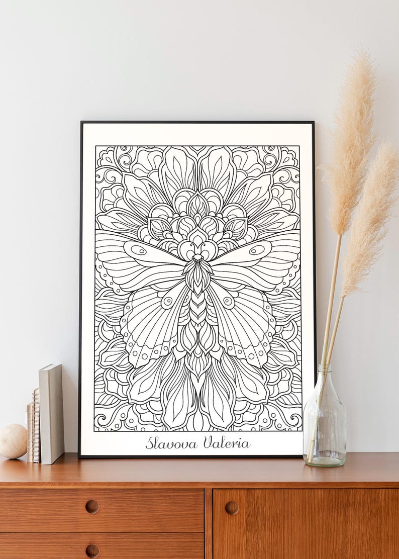May include: Black and white line art print of a butterfly with intricate details. The butterfly is surrounded by a floral design. The print is framed and has the artist's name, Slavova Valeria, at the bottom.