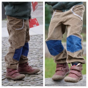 Corduroy pump pants with denim patches, mud