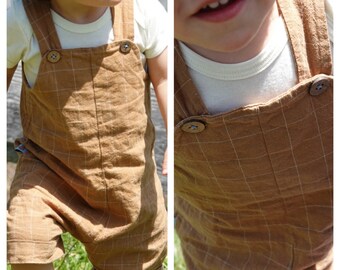 Short dungarees linen, caramel/white checkered