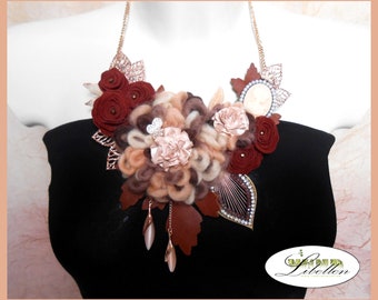 Pink Brown Collier Boho Designer Necklace Camee Necklace Collar Necklace Floral Textile Collier