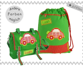 SET Auto-Tasche & Turnbeutel Kindergartentasche mit Name Rucksack Kindergartenkind Kinderrucksack Kita Tasche Canvas Auto Car